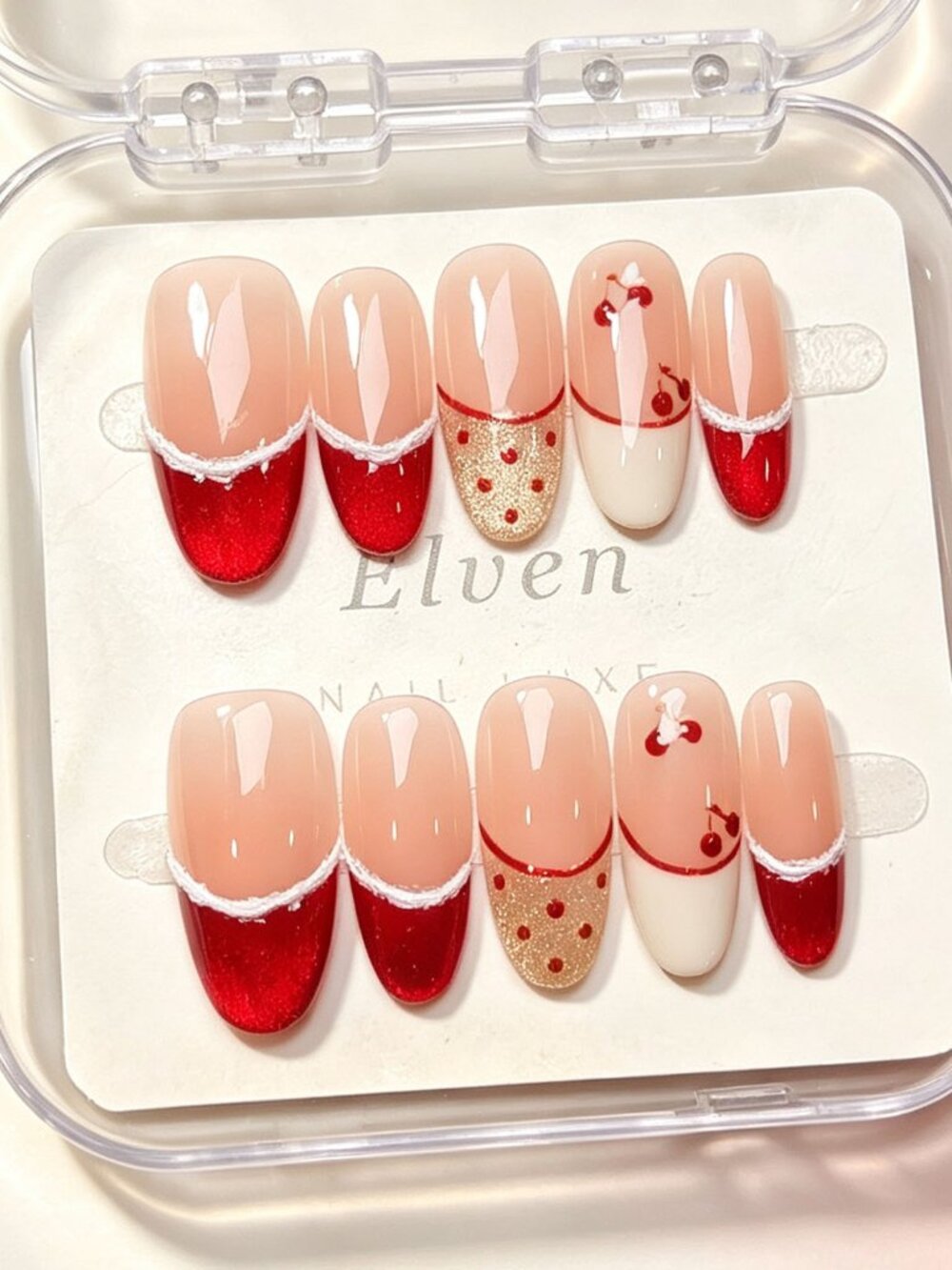 Christmas Red French Tip Medium Almond Press On Nails with Cherry & Polka dot